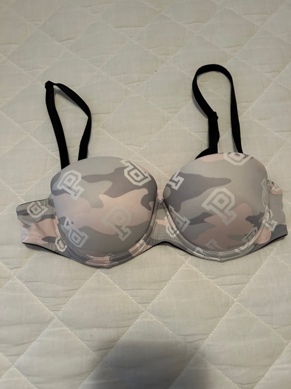 PINK Victoria's Secret Gray & Light Pink Camouflage Push-Up Bra